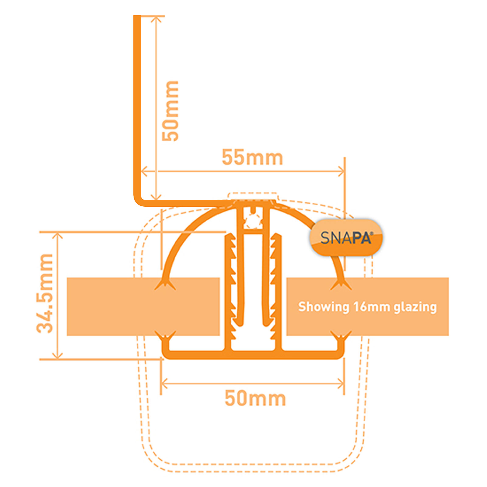 Profile of SNAPA Snap-Fix Push-Fit Roof Glazing Wall Bar for Polycarbonate Lean-to