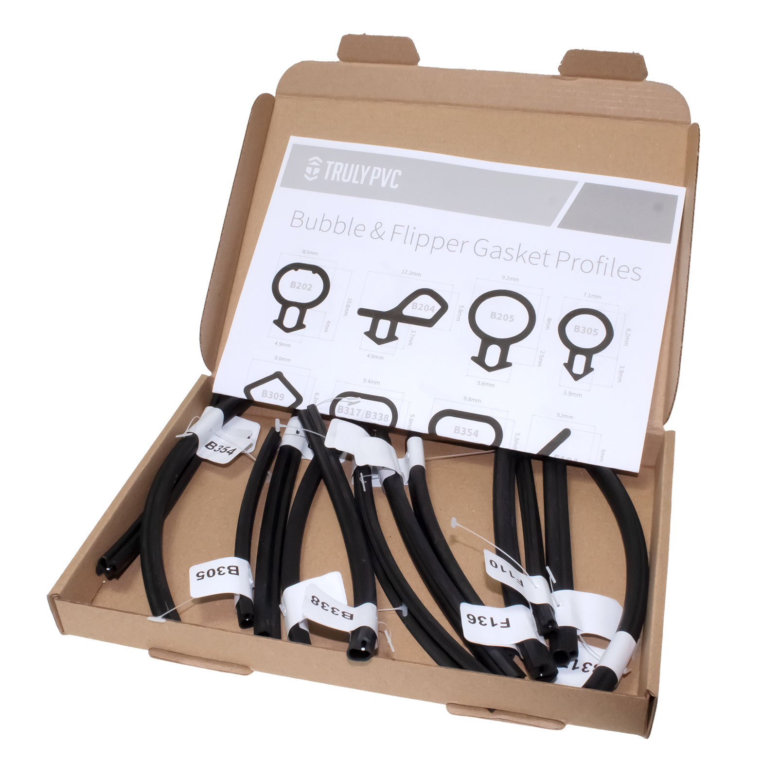 Labelled samples of ExtrudaSeal Bubble & Flipper Gasket Window and Door Seal Draught Excluder