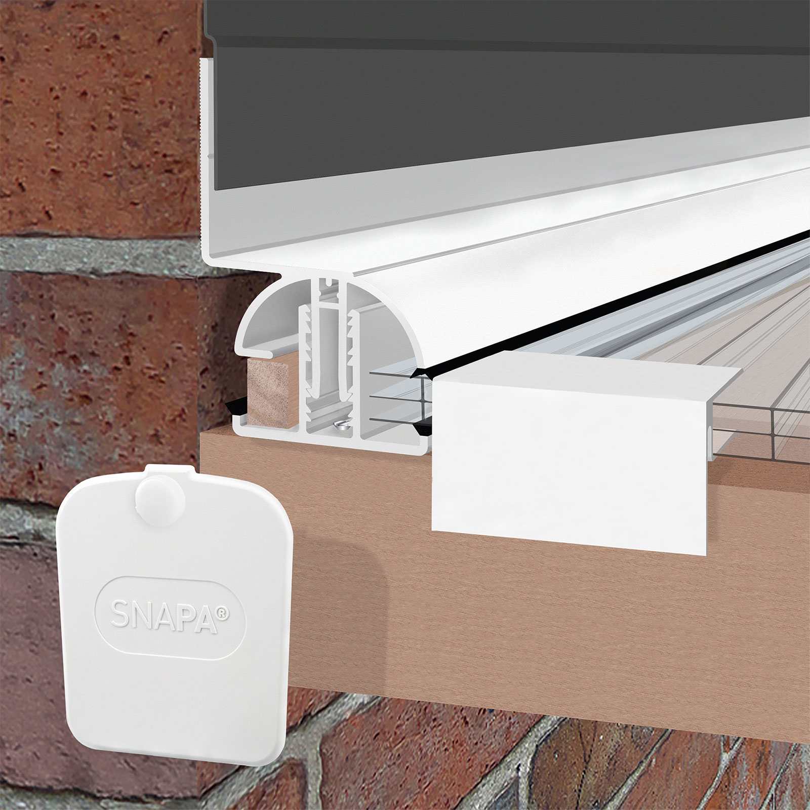 Exploded diagram of SNAPA Snap-Fix Push-Fit Roof Glazing Wall Bar for Polycarbonate Lean-to