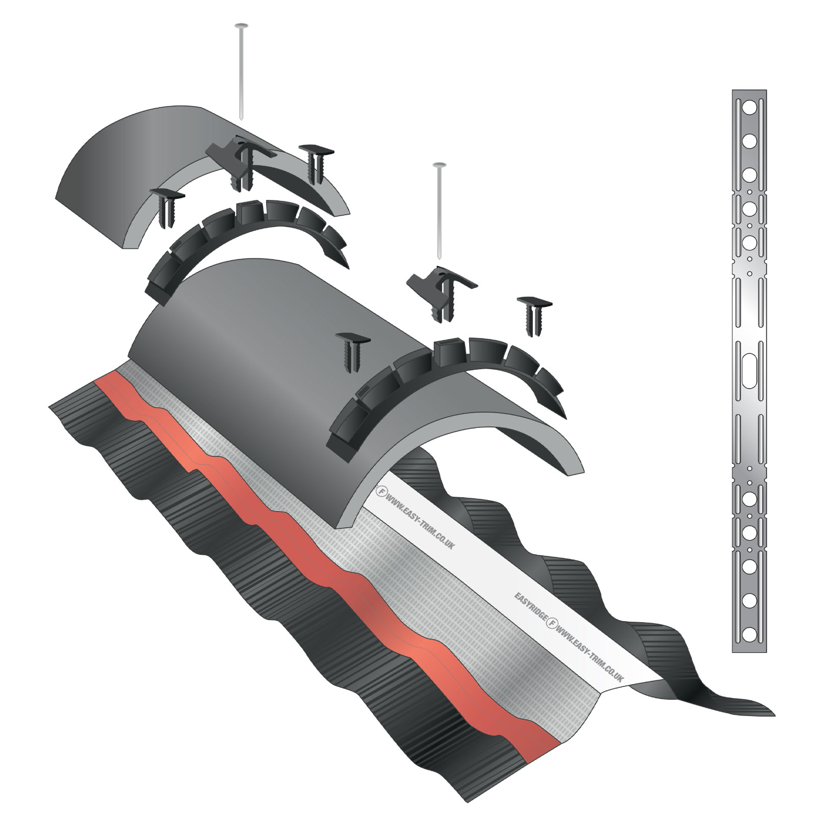 Exploded illustration of 10m EasyRidge F PLUS Dry Fix Ridge Kit